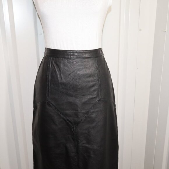 G-III Womens Vintage Black Leather Midi Pencil Skirt Back Snaps 80's Size 11/12 - Picture 2 of 11